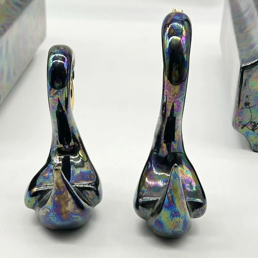 Lee Roy Cain Vintage Ceramic Pottery 2 Vases/Swans Iridescent Metallic Glaze